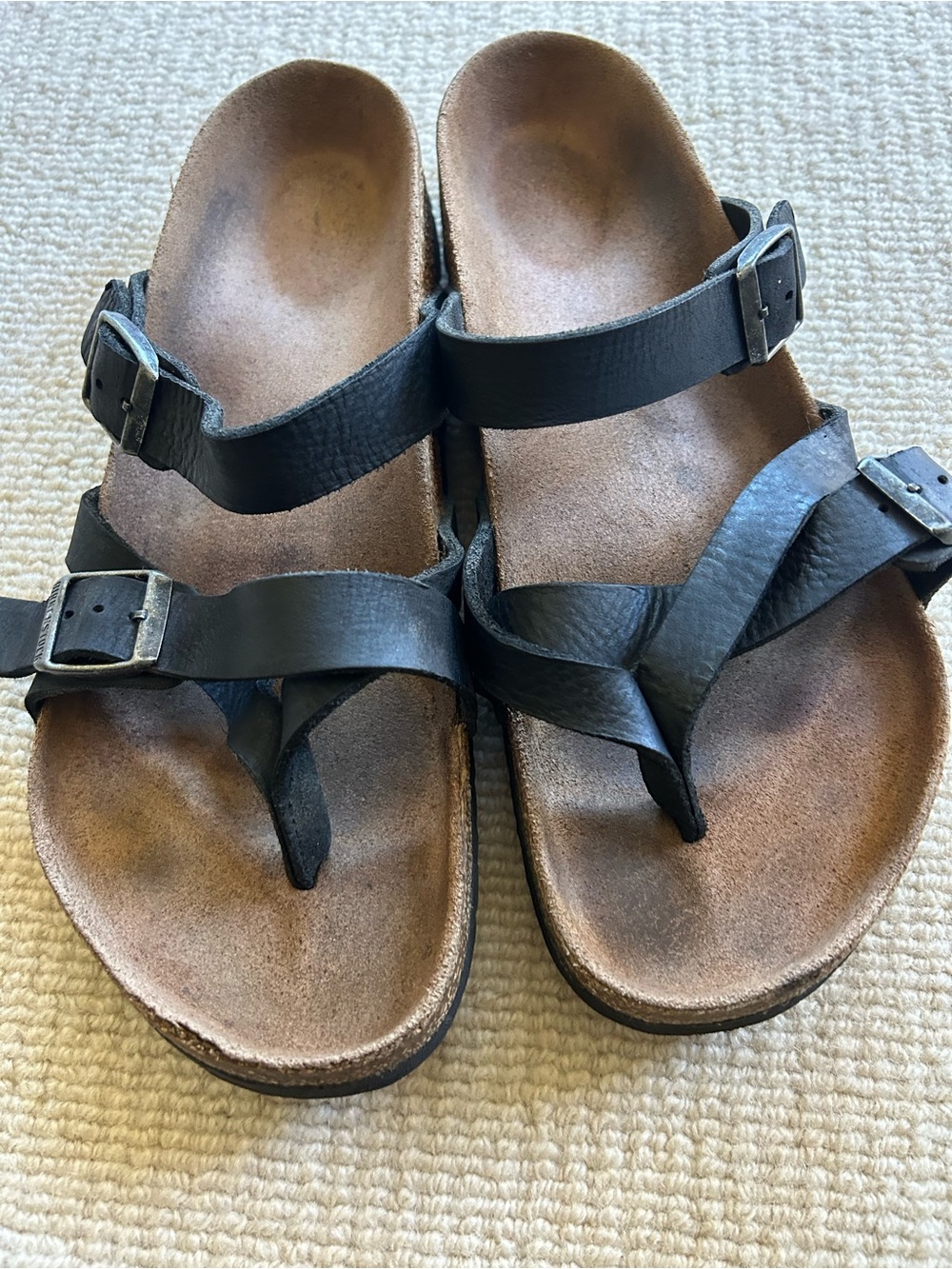 Black Leather Toe-Post Sandals with Buckle Straps